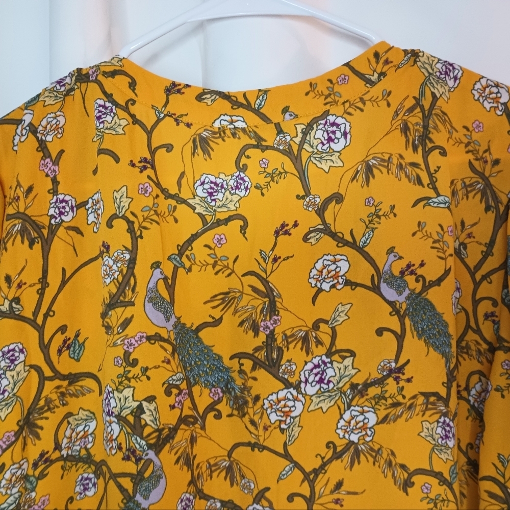 Rose Olive 1X Peacock Floral Peasant Blouse Top Mustard Yellow Button Flowy Boho - Picture 7 of 13